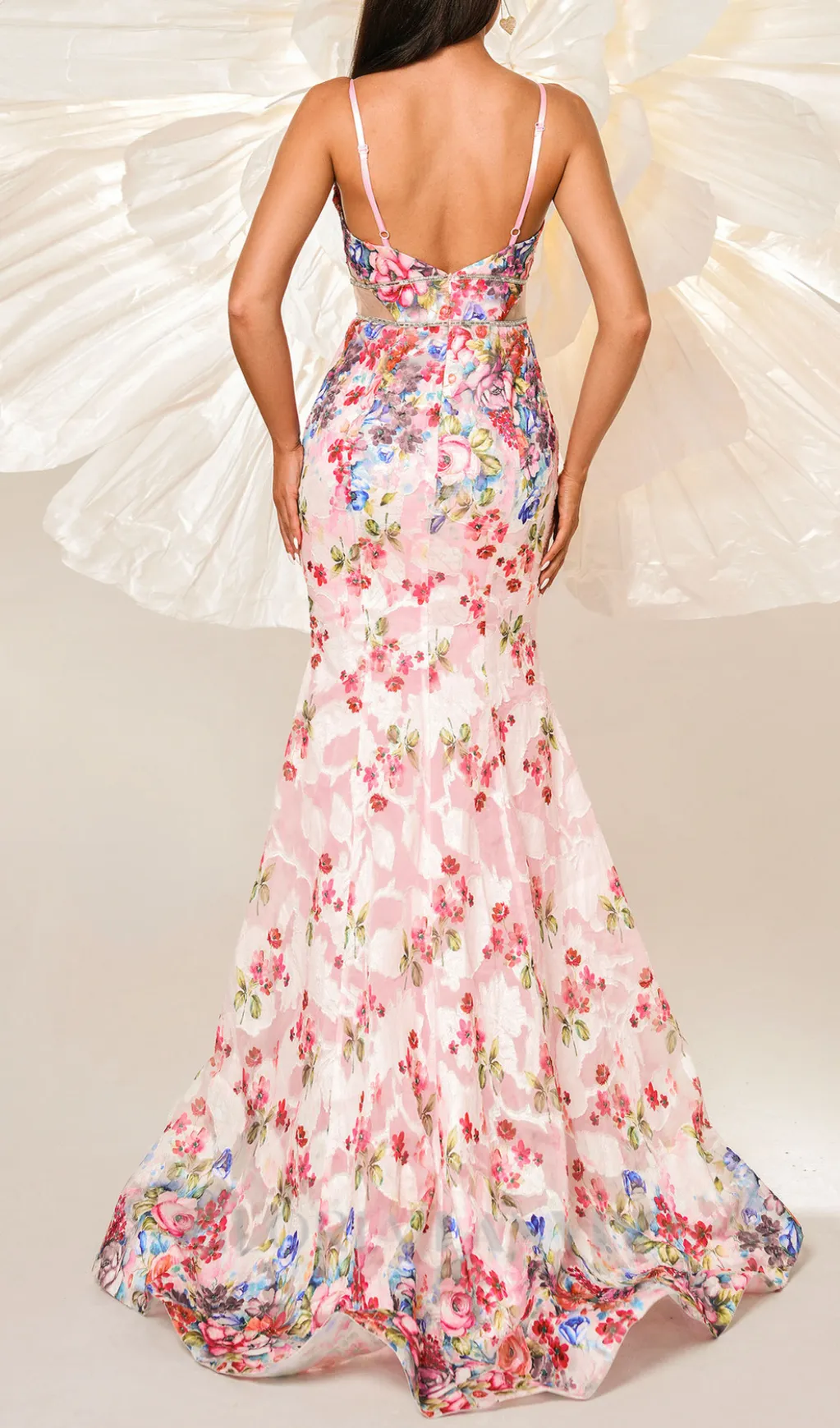 Spaghetti Straps Floral Print Mermaid maxi Dress in pink Gloria Lanvin
