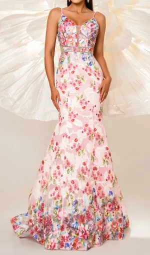 Spaghetti Straps Floral Print Mermaid maxi Dress in pink Gloria Lanvin