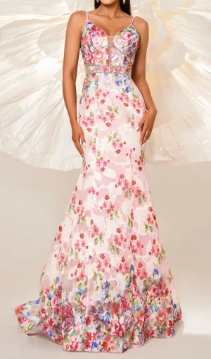 Spaghetti Straps Floral Print Mermaid maxi Dress in pink Gloria Lanvin