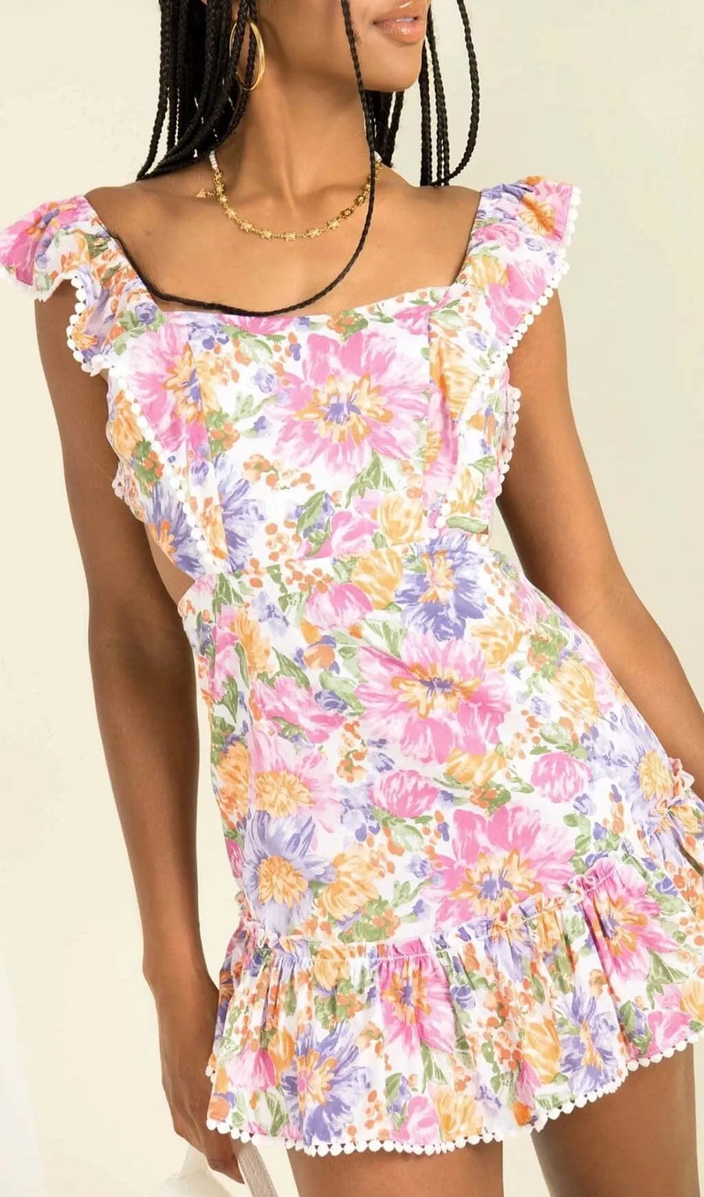 SQUARE NECK FLORAL RUFFLED MINI DRESS IN PINK Gloria Lanvin
