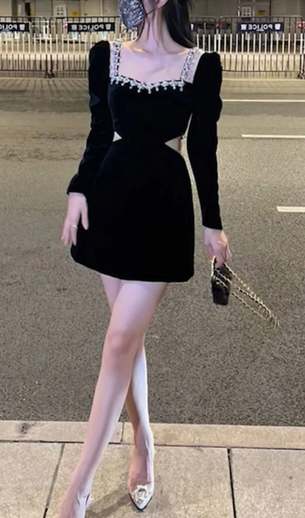 SQUARE NECK LONG SLEEVE VELVET MINI DRESS Gloria Lanvin