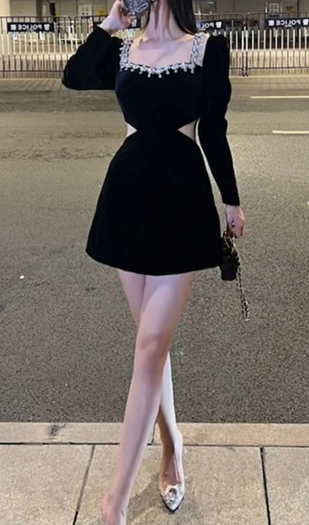 SQUARE NECK LONG SLEEVE VELVET MINI DRESS Gloria Lanvin