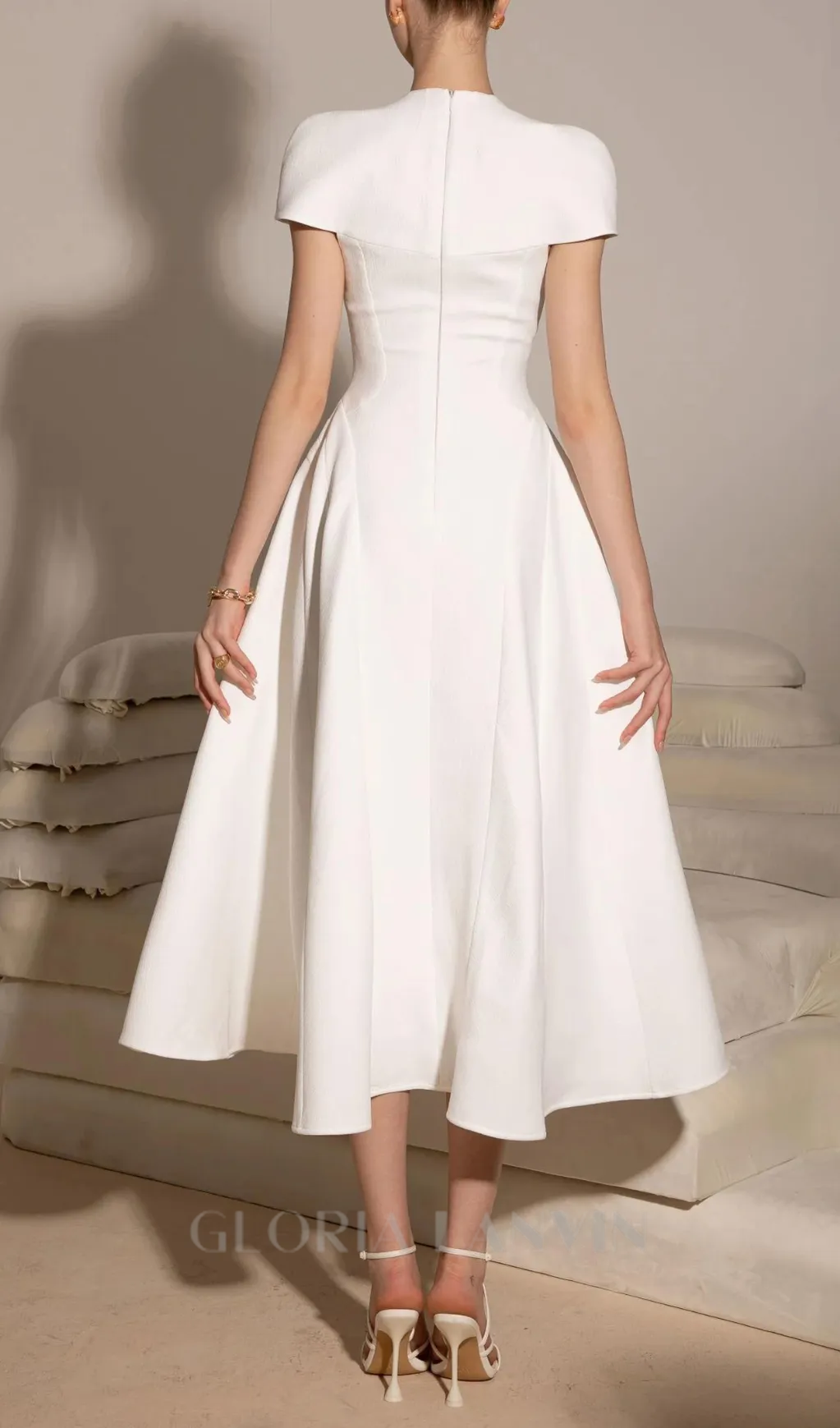 SQUARE NECKLINE A-LINE MIDI DRESS IN WHITE Gloria Lanvin