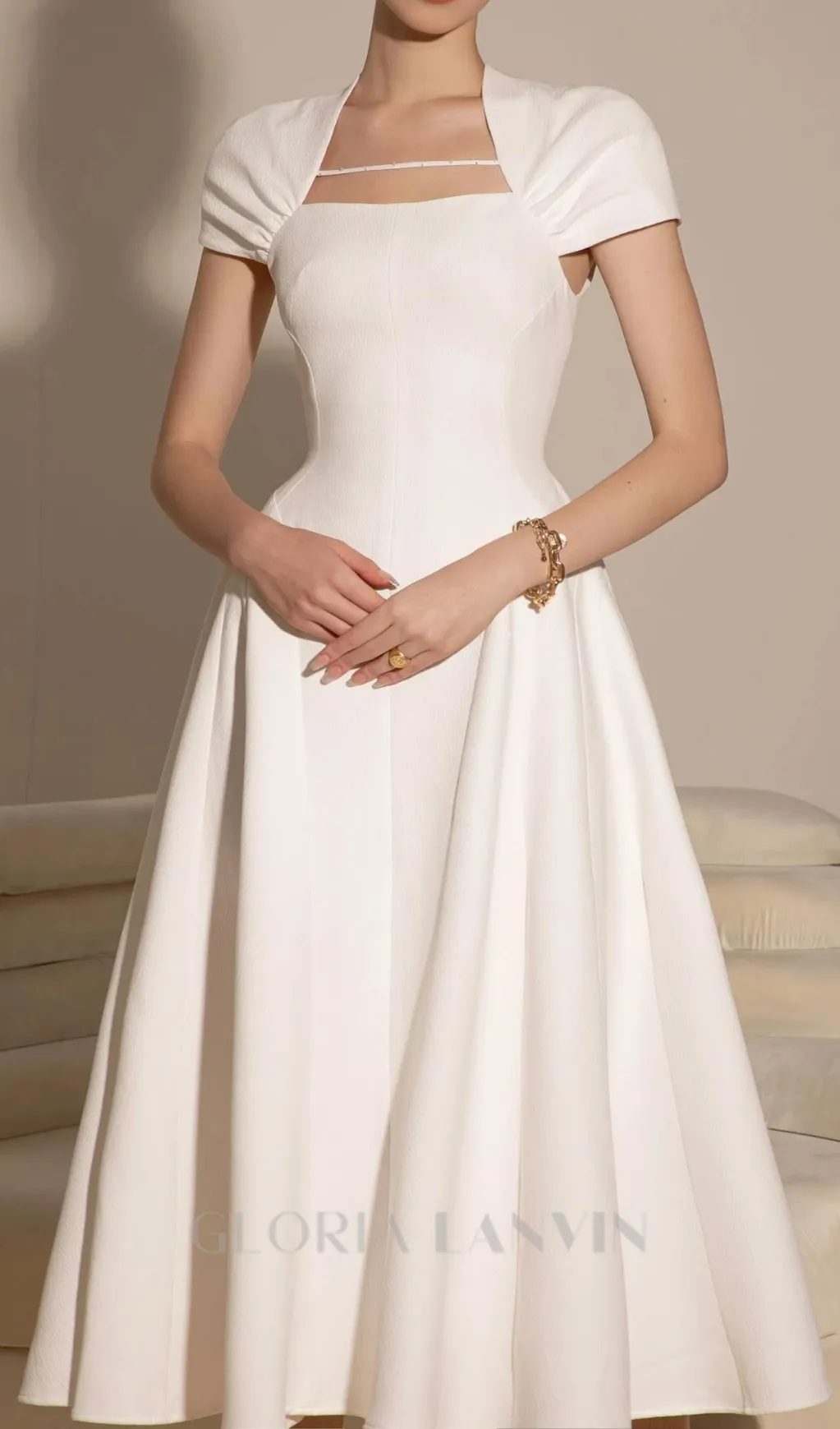 SQUARE NECKLINE A-LINE MIDI DRESS IN WHITE Gloria Lanvin