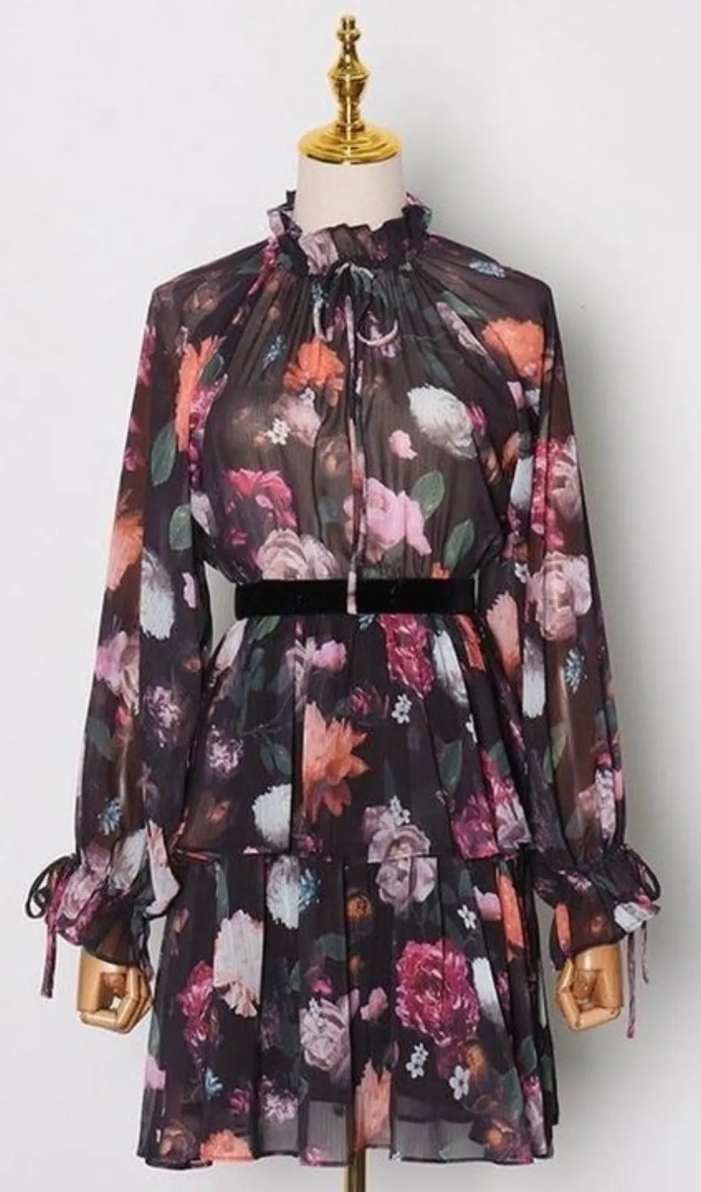 STAND COLLAR LANTERN SLEEVE HIGH WAIST VINTAGE DRESS Gloria Lanvin