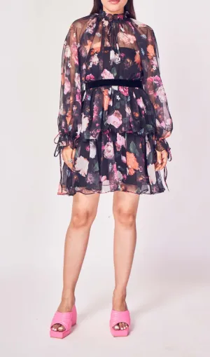 STAND COLLAR LANTERN SLEEVE HIGH WAIST VINTAGE DRESS Gloria Lanvin