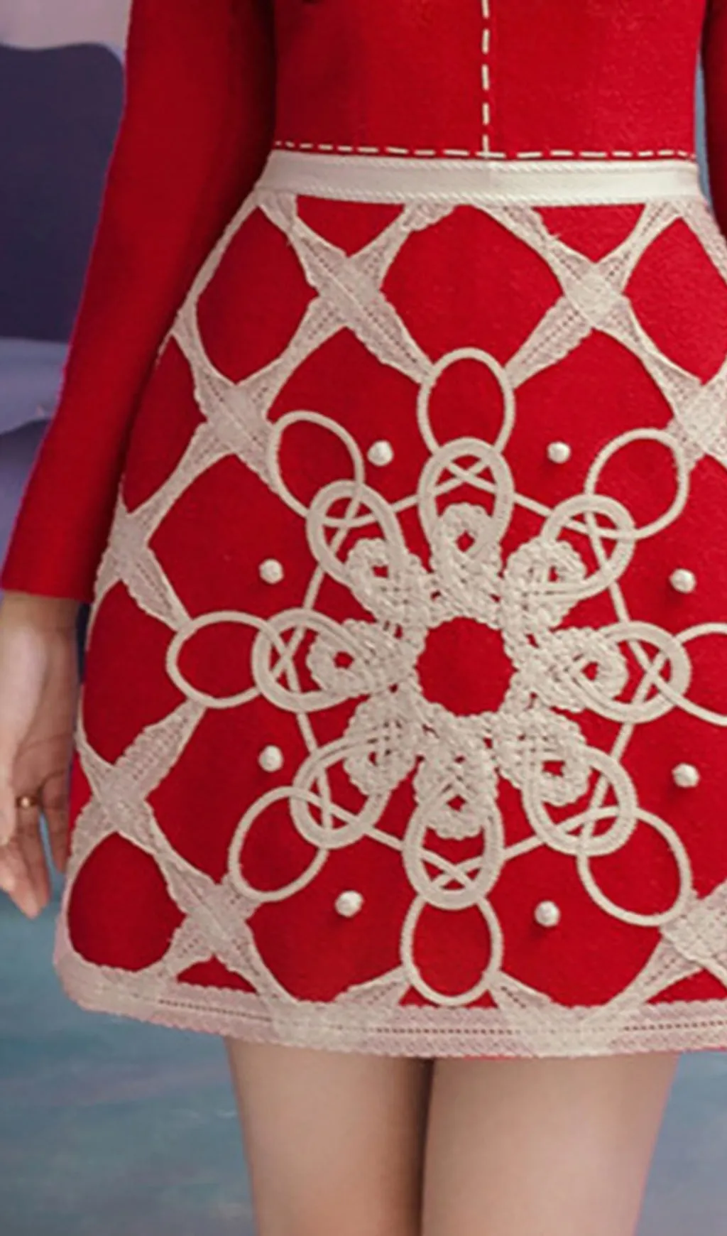 STAND COLLAR LONG SLEEVE HIGH WAIST PATCHWORK EMBROIDERY MINI DRESS Gloria Lanvin