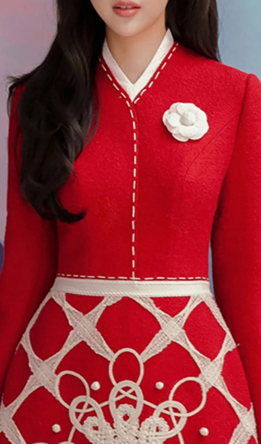 STAND COLLAR LONG SLEEVE HIGH WAIST PATCHWORK EMBROIDERY MINI DRESS Gloria Lanvin
