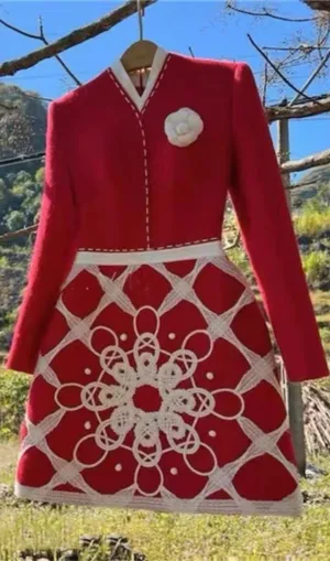 STAND COLLAR LONG SLEEVE HIGH WAIST PATCHWORK EMBROIDERY MINI DRESS Gloria Lanvin