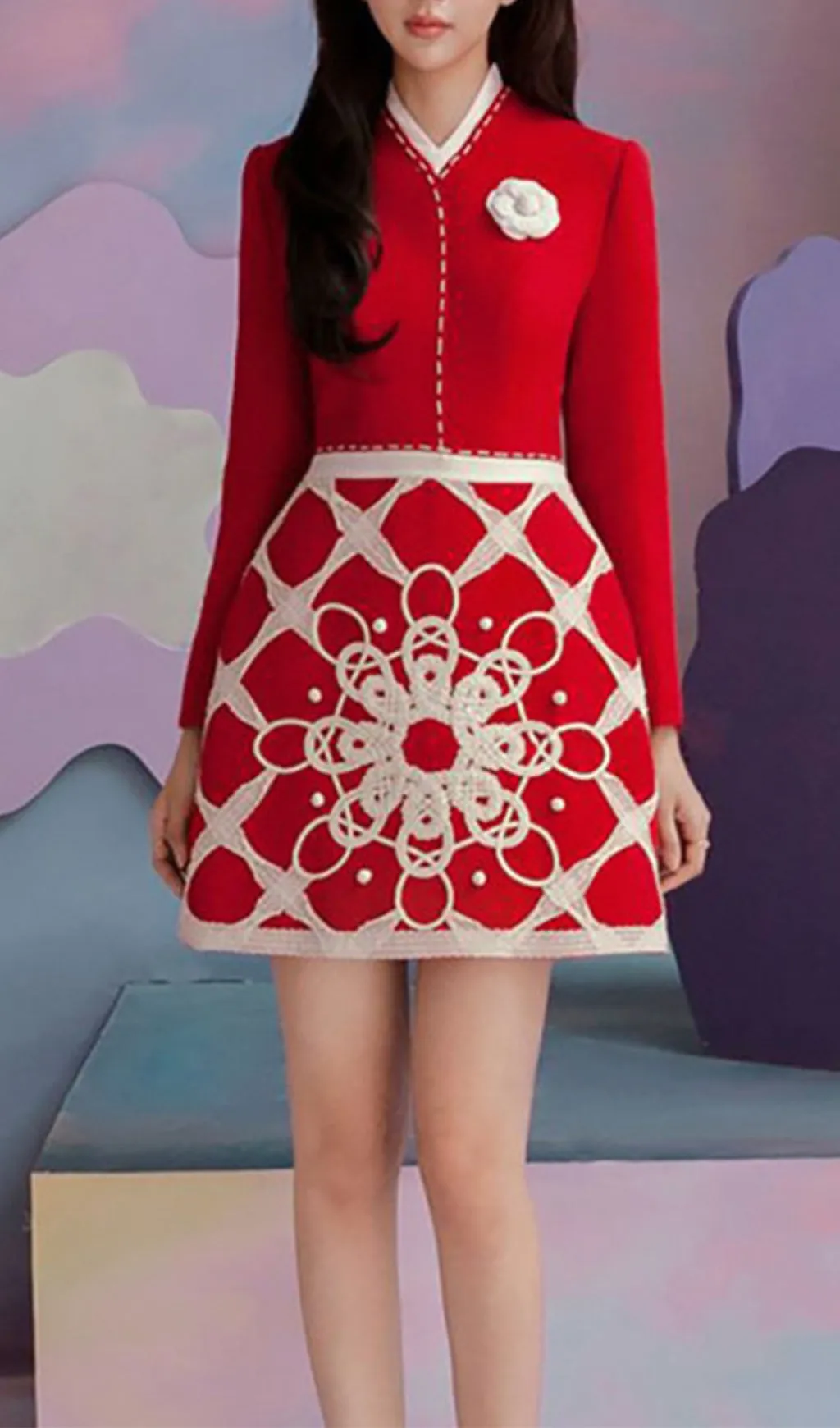 STAND COLLAR LONG SLEEVE HIGH WAIST PATCHWORK EMBROIDERY MINI DRESS Gloria Lanvin