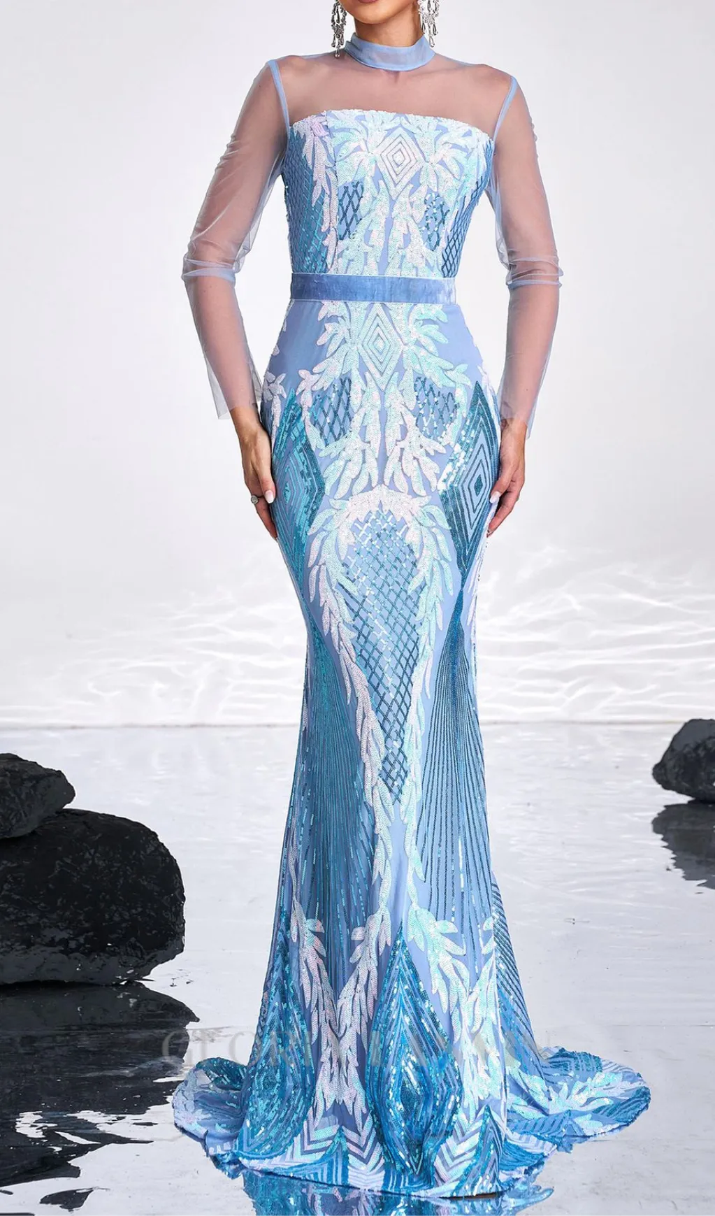 Stand Collar Mermaid maxi Dress in Light Blue Gloria Lanvin