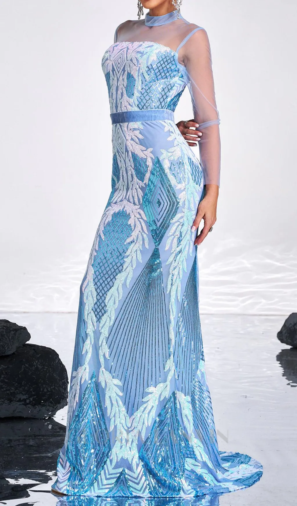Stand Collar Mermaid maxi Dress in Light Blue Gloria Lanvin