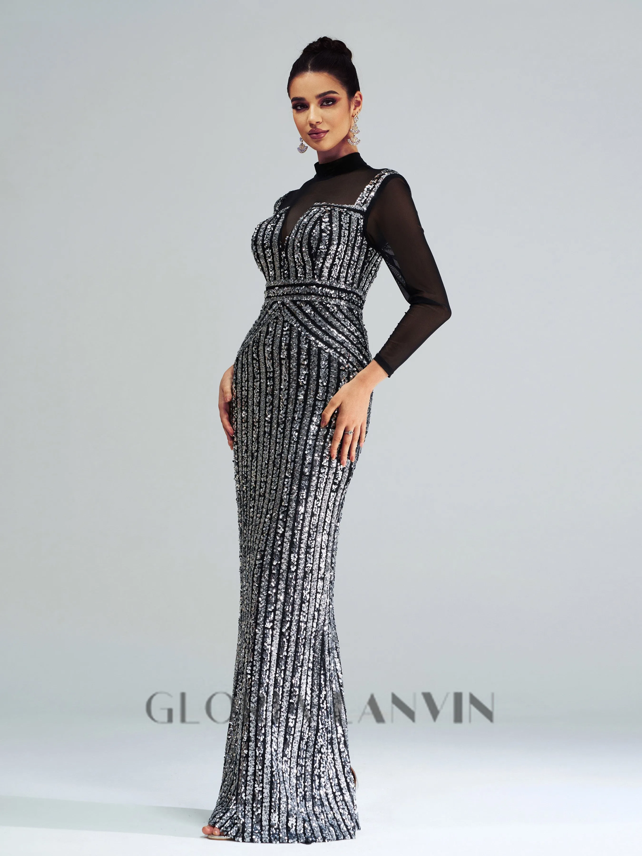 stand collar sequin panel maxi dress in black Gloria Lanvin