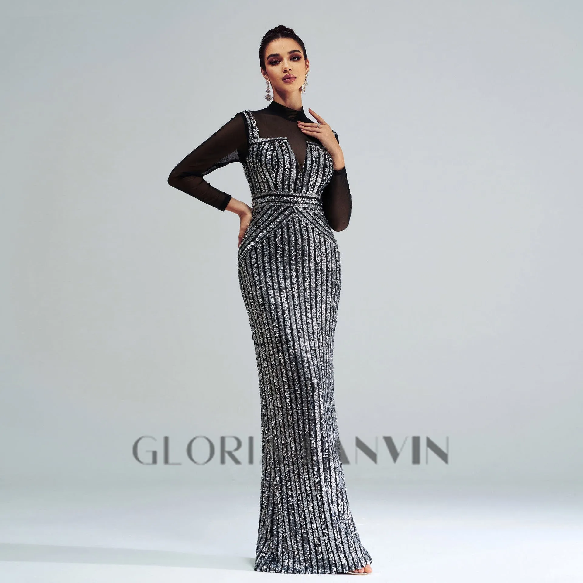 stand collar sequin panel maxi dress in black Gloria Lanvin