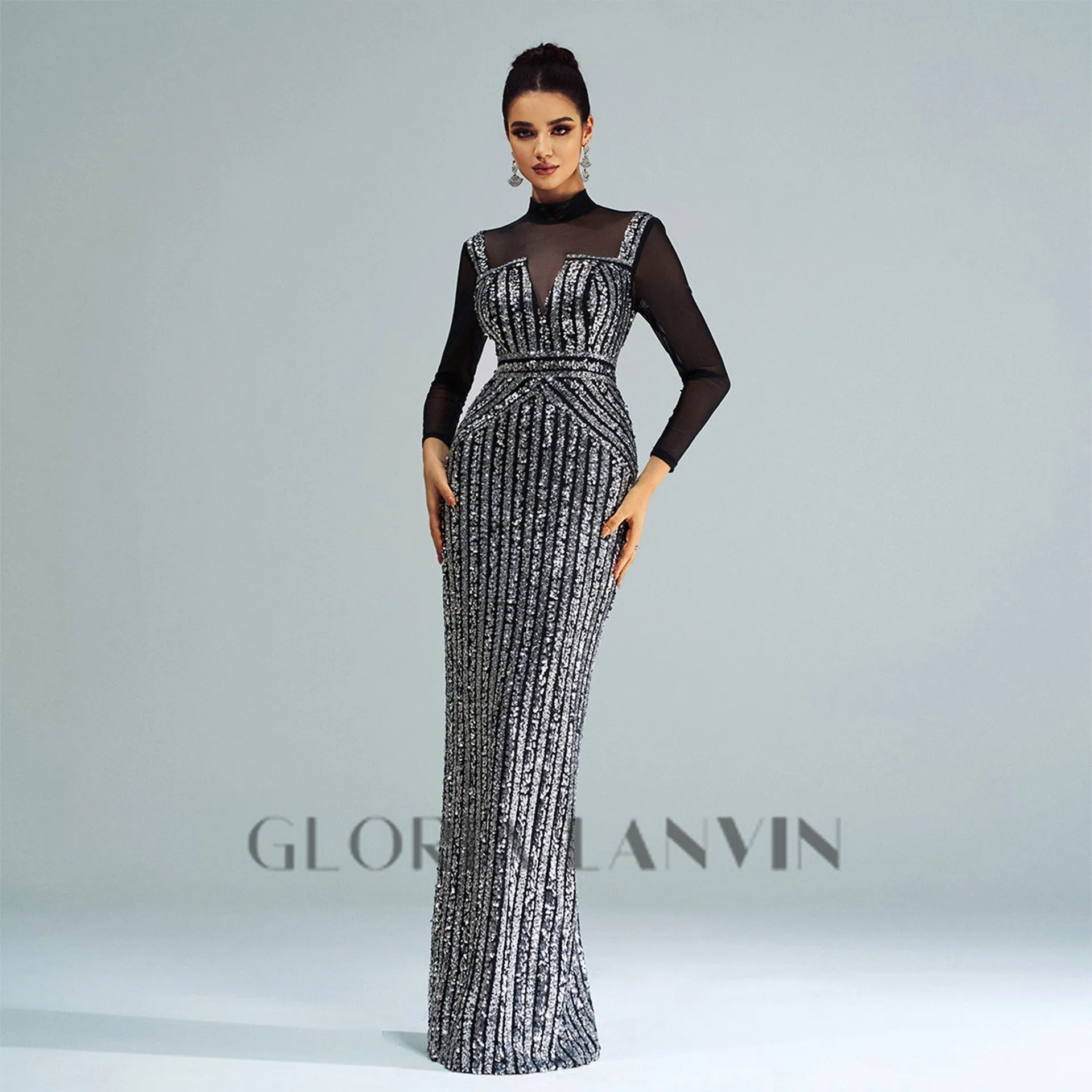 stand collar sequin panel maxi dress in black Gloria Lanvin