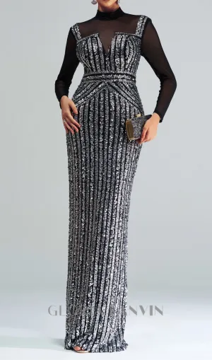 stand collar sequin panel maxi dress in black Gloria Lanvin