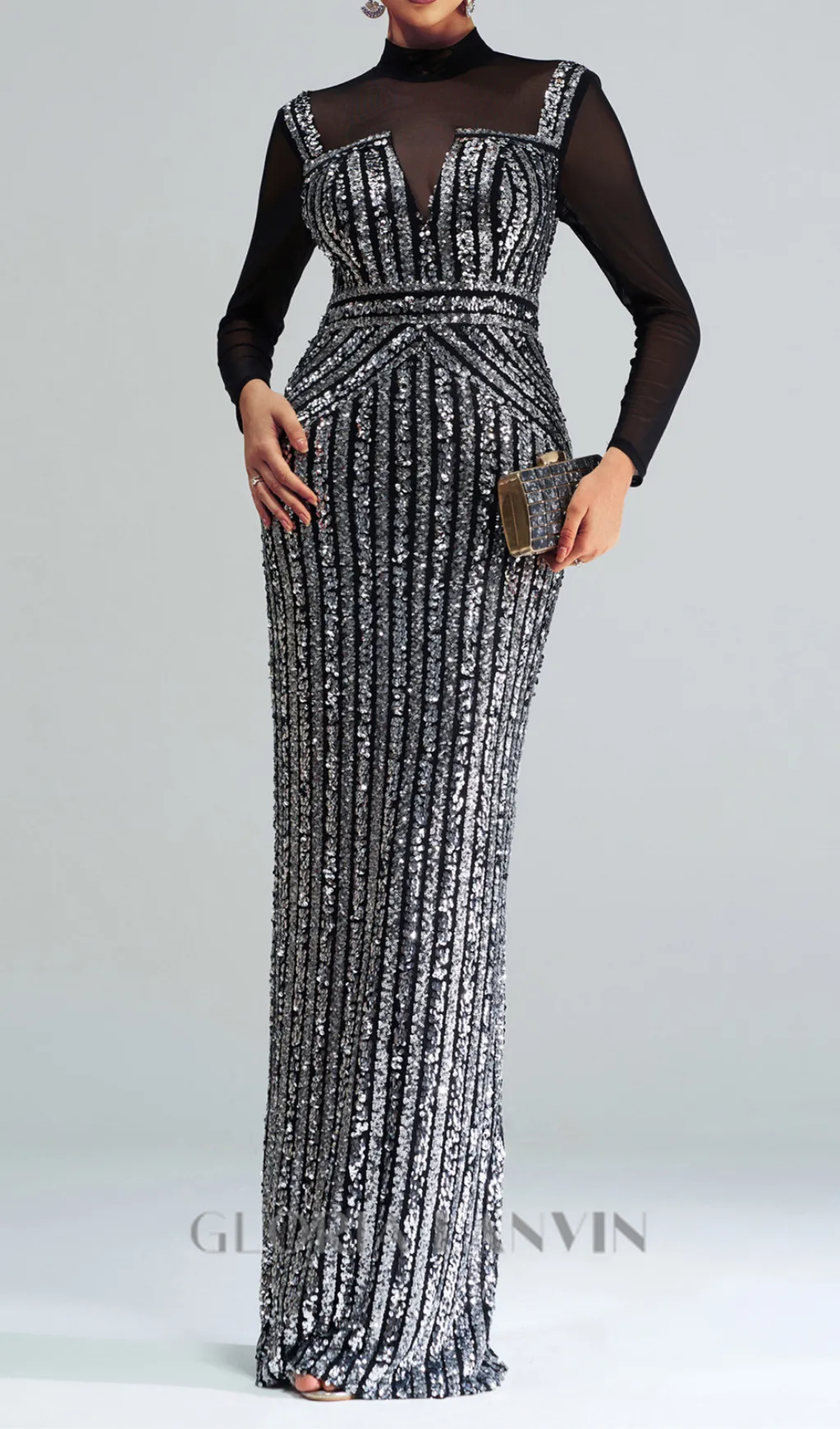 stand collar sequin panel maxi dress in black Gloria Lanvin