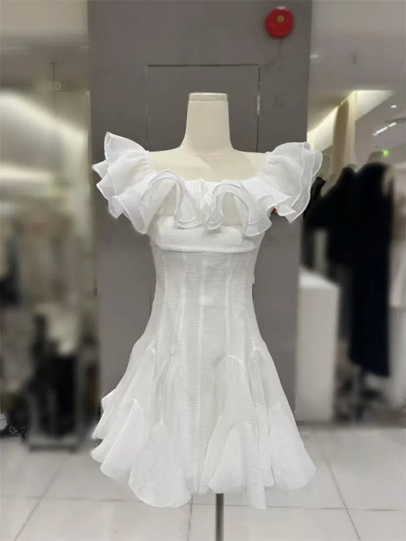 stephanie off-shoulder ruffle trim mini dress in white Gloria Lanvin