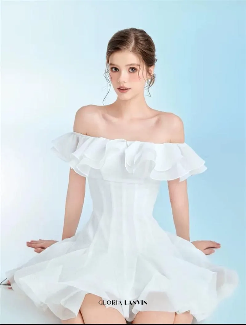 stephanie off-shoulder ruffle trim mini dress in white Gloria Lanvin