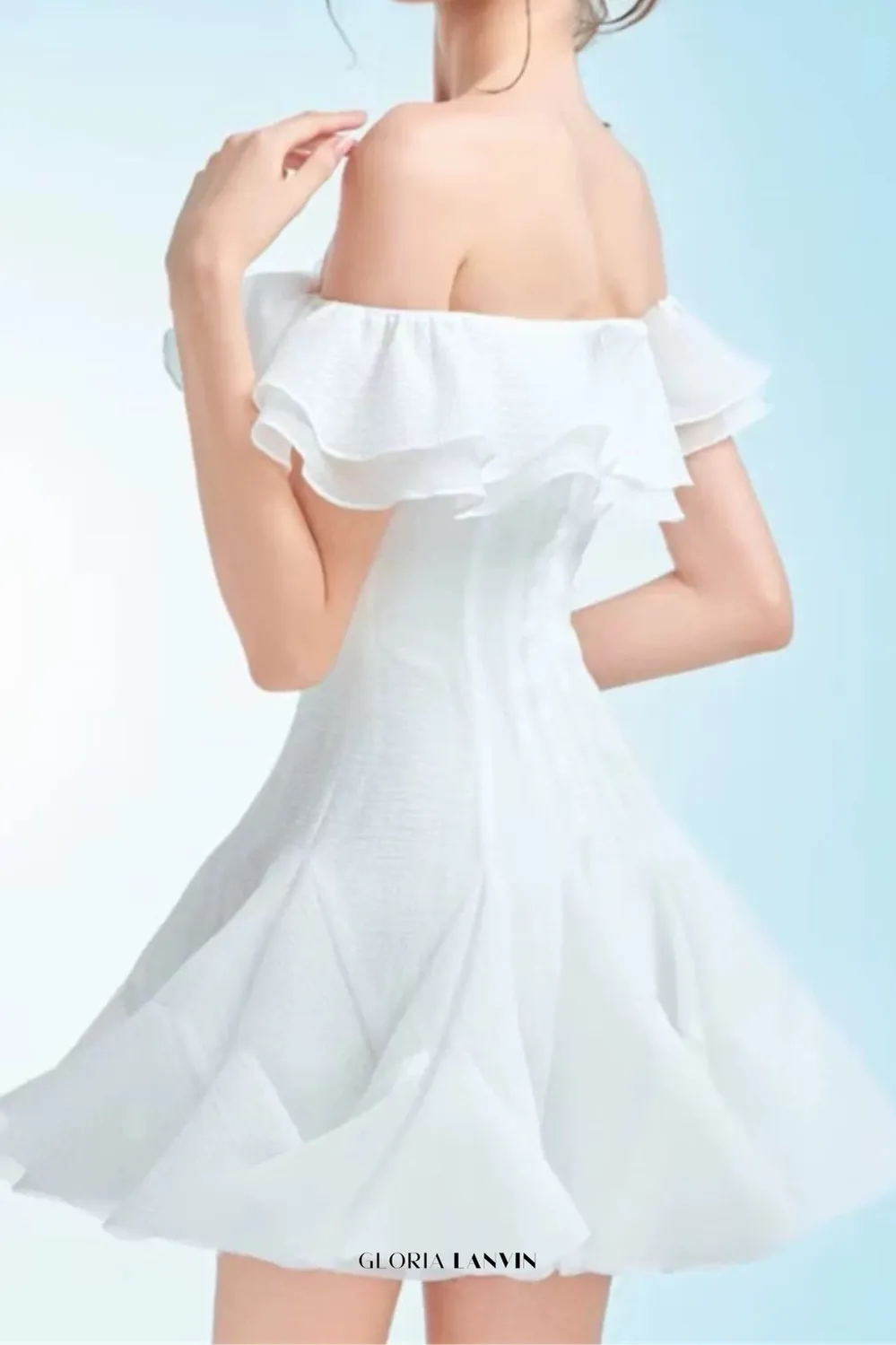 stephanie off-shoulder ruffle trim mini dress in white Gloria Lanvin