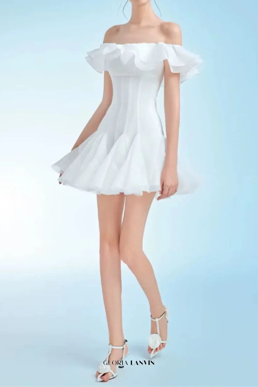 stephanie off-shoulder ruffle trim mini dress in white Gloria Lanvin
