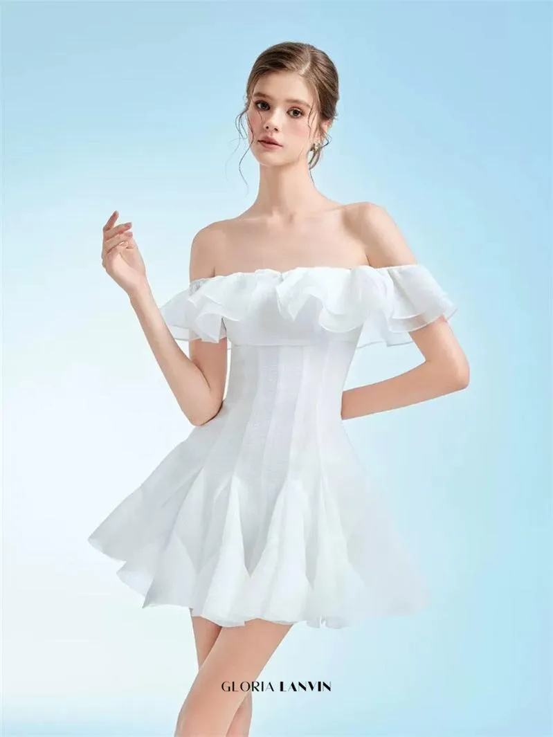stephanie off-shoulder ruffle trim mini dress in white Gloria Lanvin