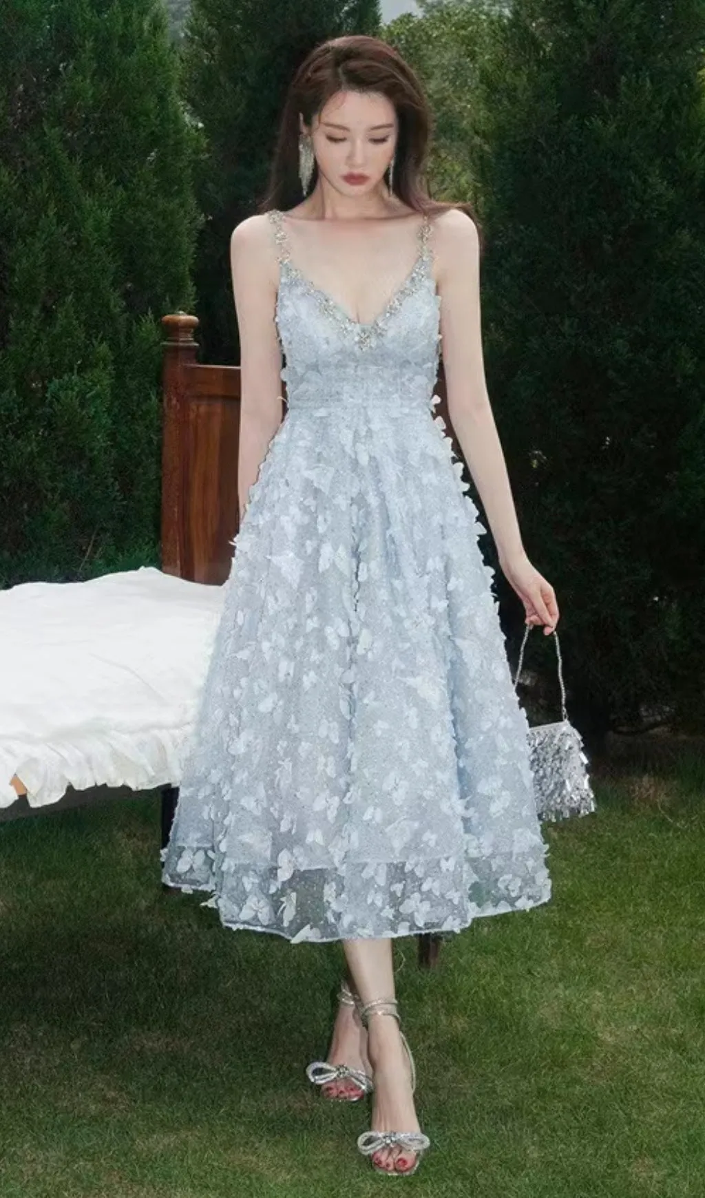STEREOSCOPIC BUTTERFLY SEQUIN MESH MIDI DRESS IN BLUE Gloria Lanvin