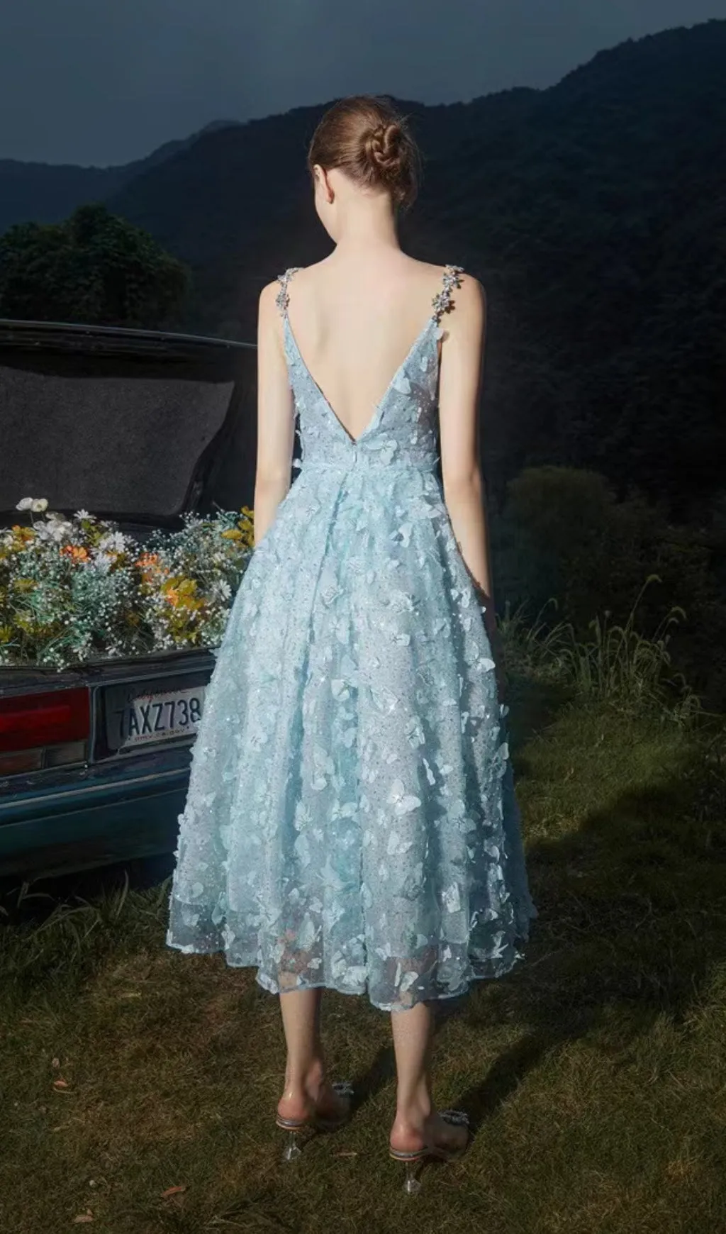 STEREOSCOPIC BUTTERFLY SEQUIN MESH MIDI DRESS IN BLUE Gloria Lanvin