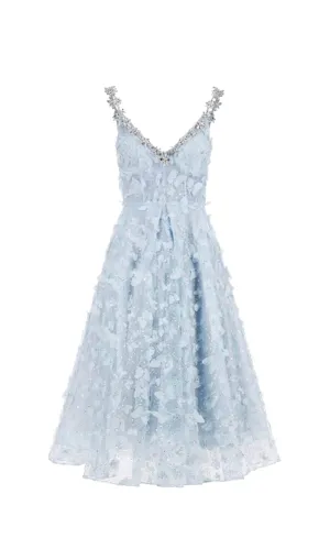 STEREOSCOPIC BUTTERFLY SEQUIN MESH MIDI DRESS IN BLUE Gloria Lanvin