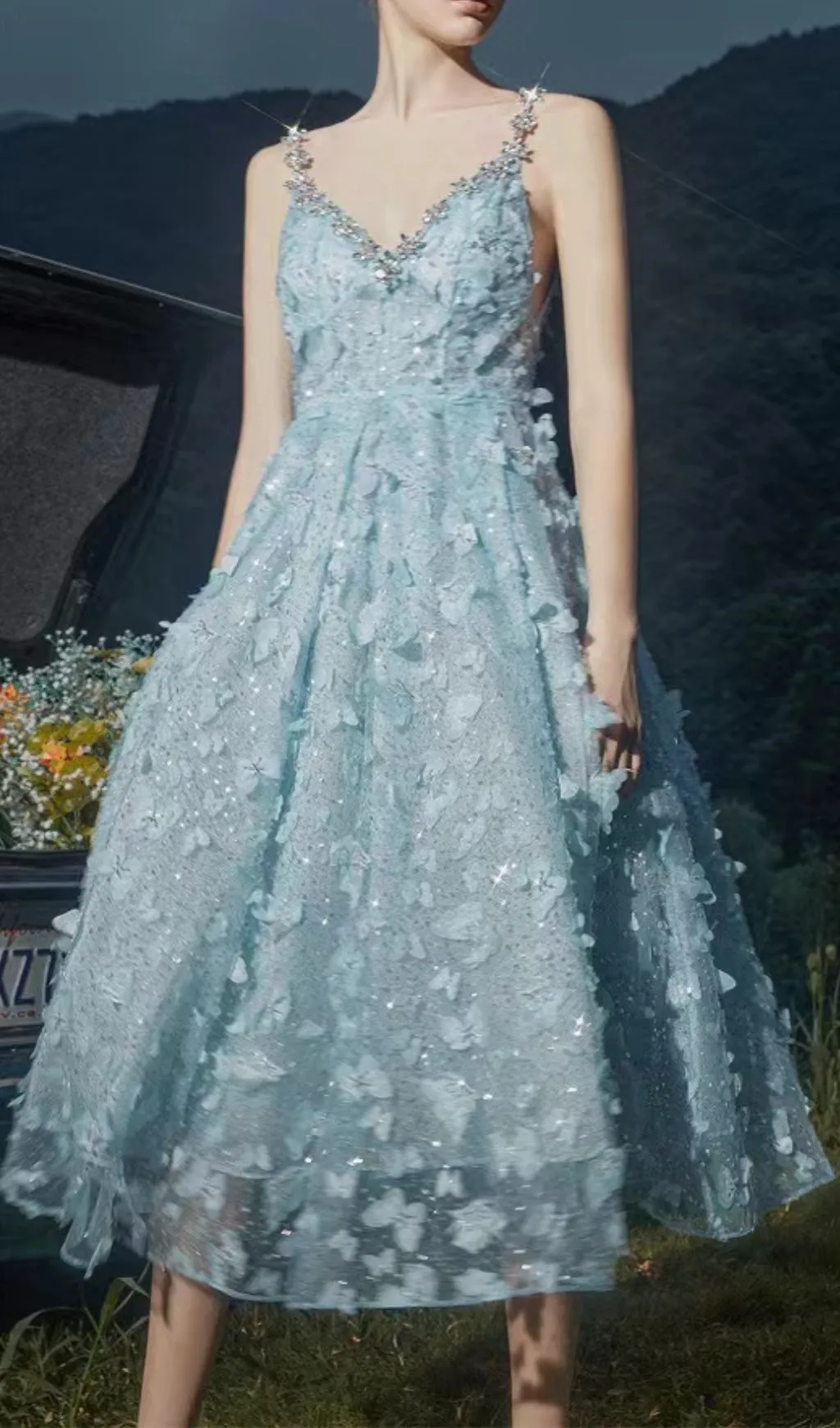 STEREOSCOPIC BUTTERFLY SEQUIN MESH MIDI DRESS IN BLUE Gloria Lanvin