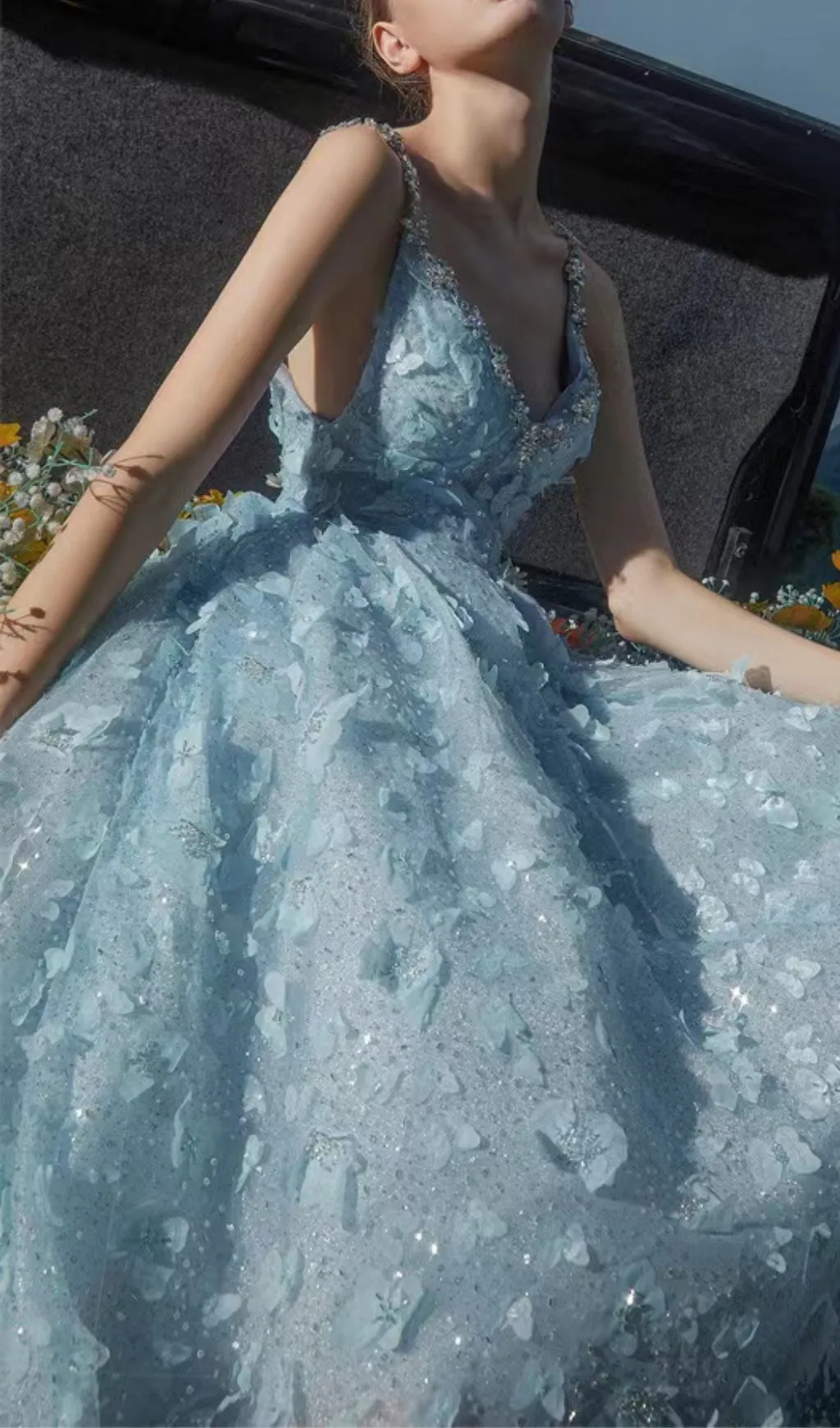 STEREOSCOPIC BUTTERFLY SEQUIN MESH MIDI DRESS IN BLUE Gloria Lanvin