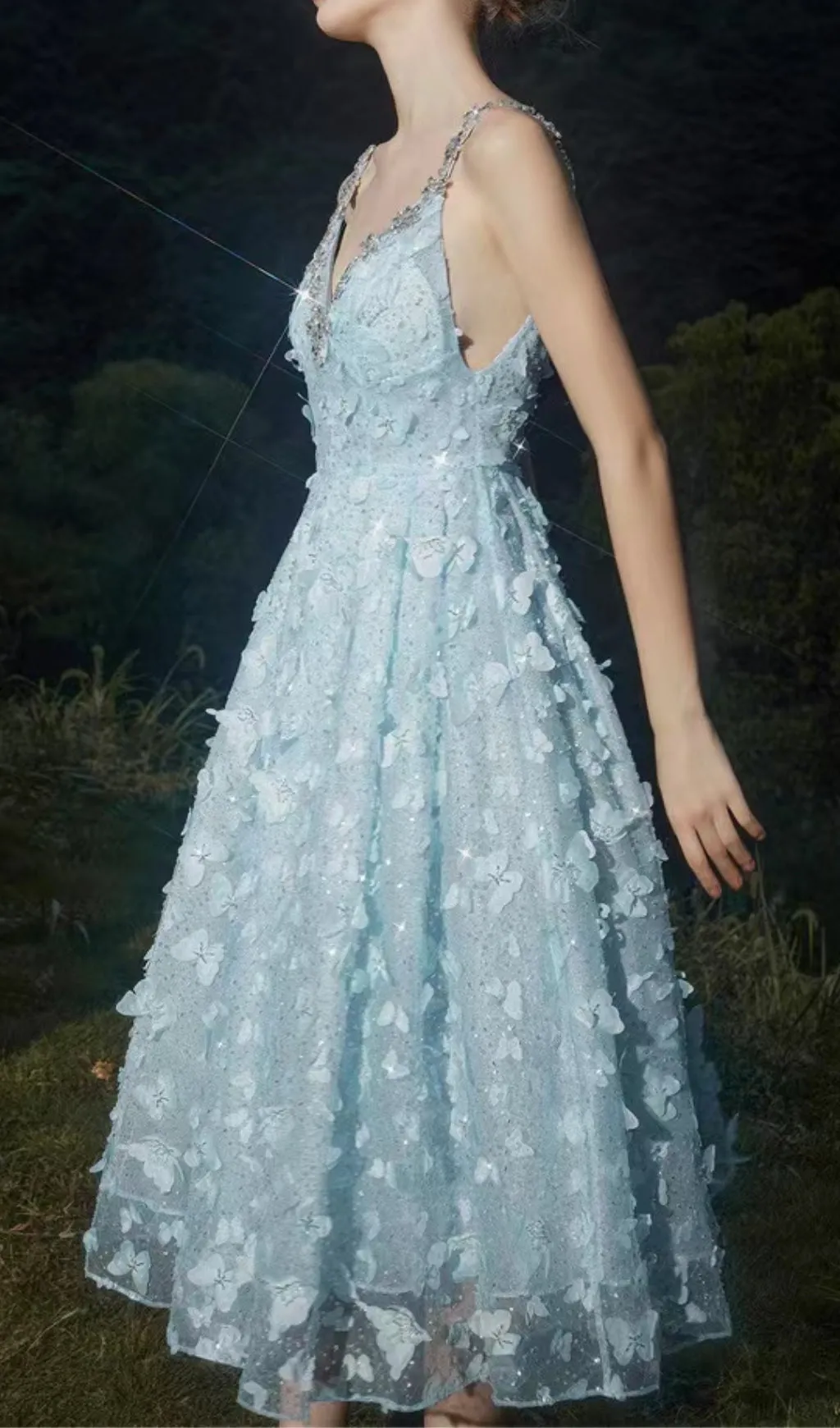 STEREOSCOPIC BUTTERFLY SEQUIN MESH MIDI DRESS IN BLUE Gloria Lanvin