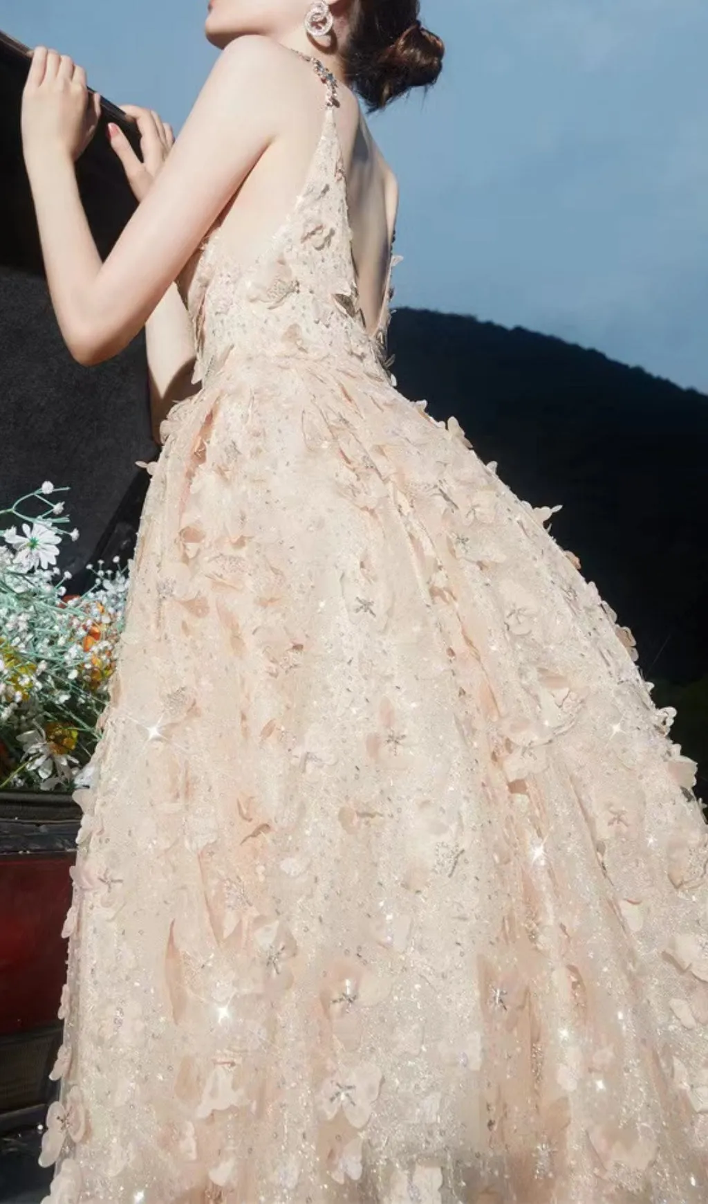 STEREOSCOPIC BUTTERFLY SEQUIN MESH MIDI DRESS IN CHAMPAGNE Gloria Lanvin