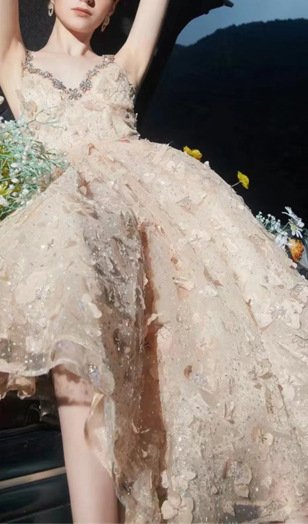 STEREOSCOPIC BUTTERFLY SEQUIN MESH MIDI DRESS IN CHAMPAGNE Gloria Lanvin