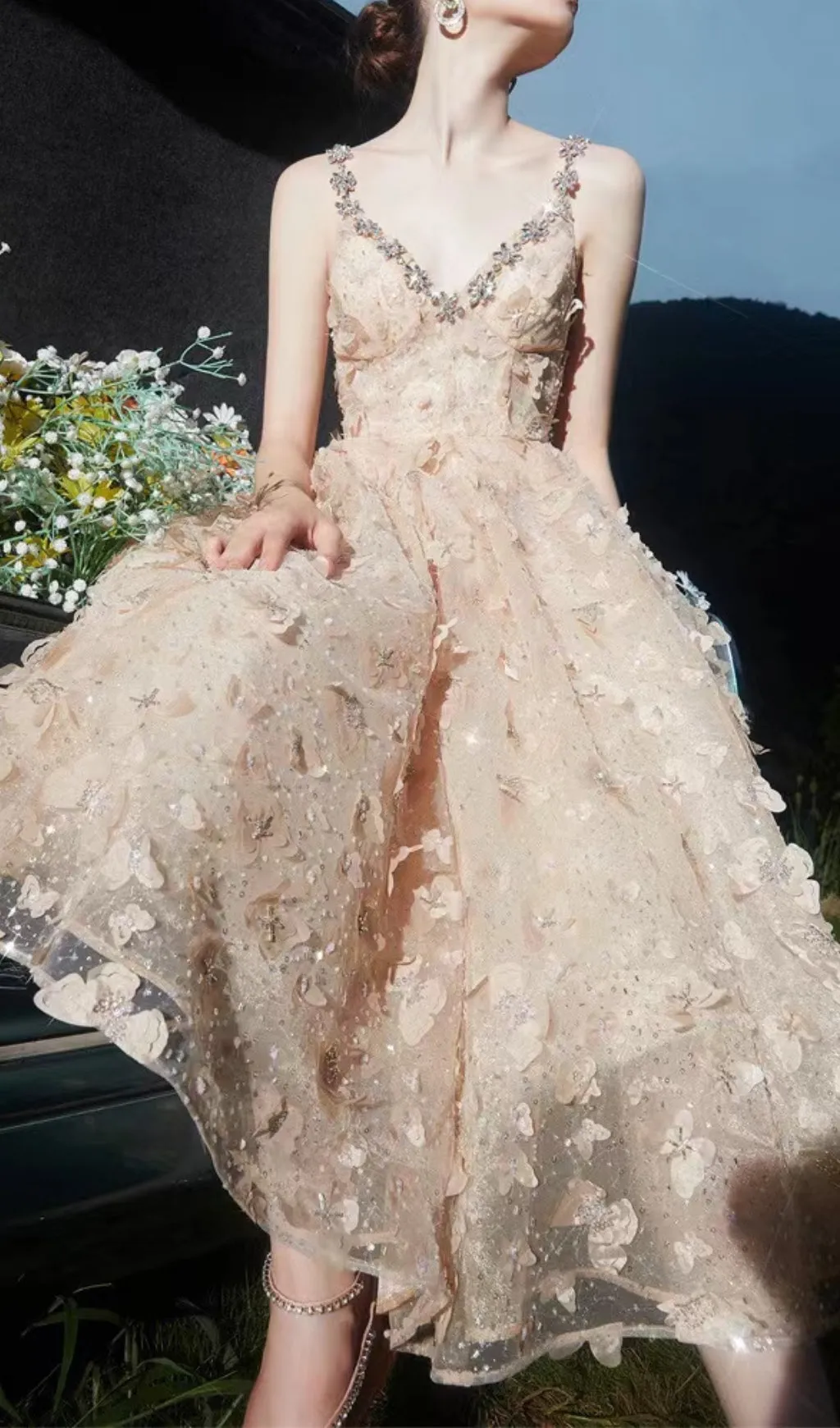 STEREOSCOPIC BUTTERFLY SEQUIN MESH MIDI DRESS IN CHAMPAGNE Gloria Lanvin