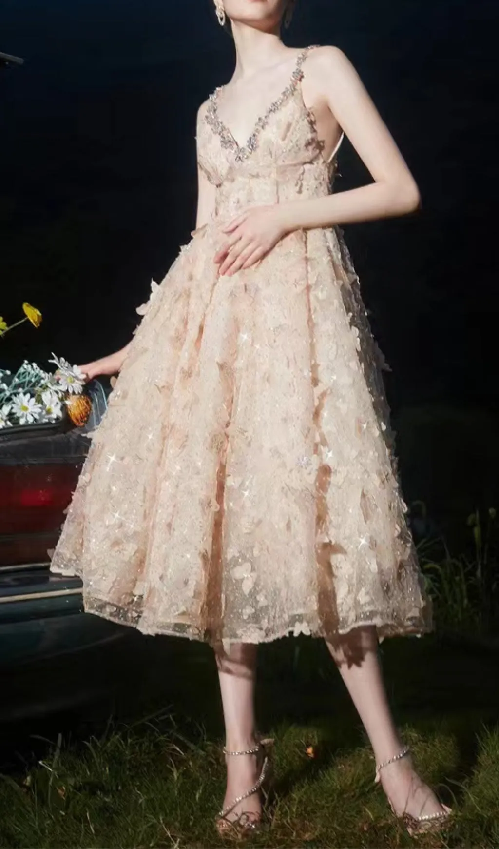 STEREOSCOPIC BUTTERFLY SEQUIN MESH MIDI DRESS IN CHAMPAGNE Gloria Lanvin