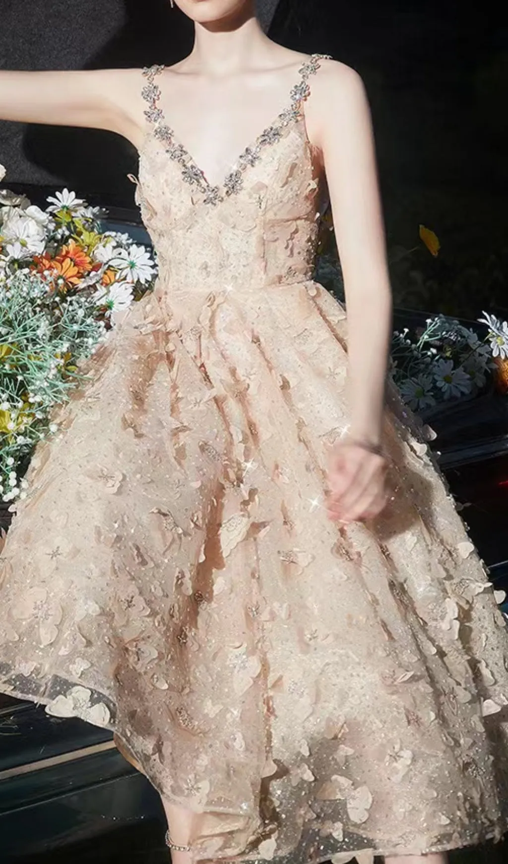 STEREOSCOPIC BUTTERFLY SEQUIN MESH MIDI DRESS IN CHAMPAGNE Gloria Lanvin