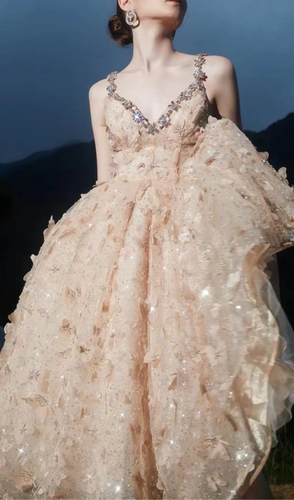STEREOSCOPIC BUTTERFLY SEQUIN MESH MIDI DRESS IN CHAMPAGNE Gloria Lanvin