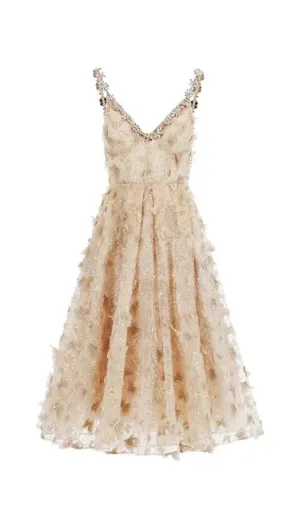 STEREOSCOPIC BUTTERFLY SEQUIN MESH MIDI DRESS IN CHAMPAGNE Gloria Lanvin