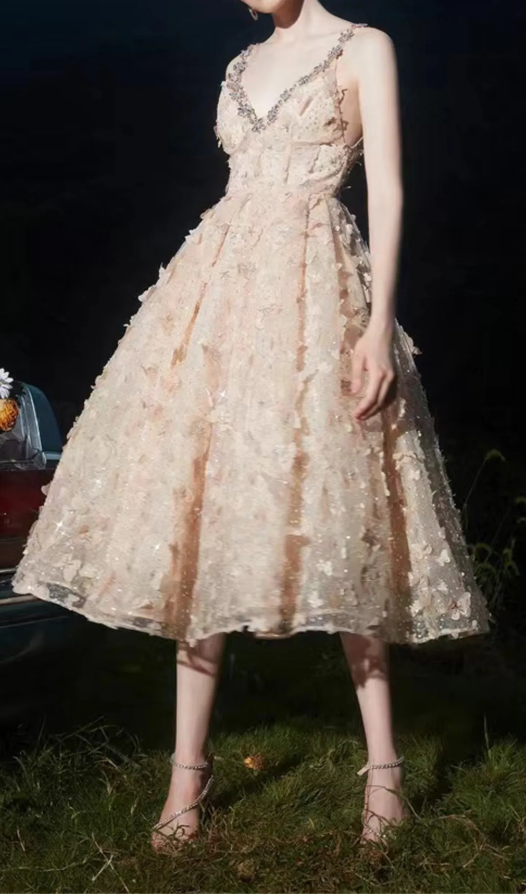 STEREOSCOPIC BUTTERFLY SEQUIN MESH MIDI DRESS IN CHAMPAGNE Gloria Lanvin
