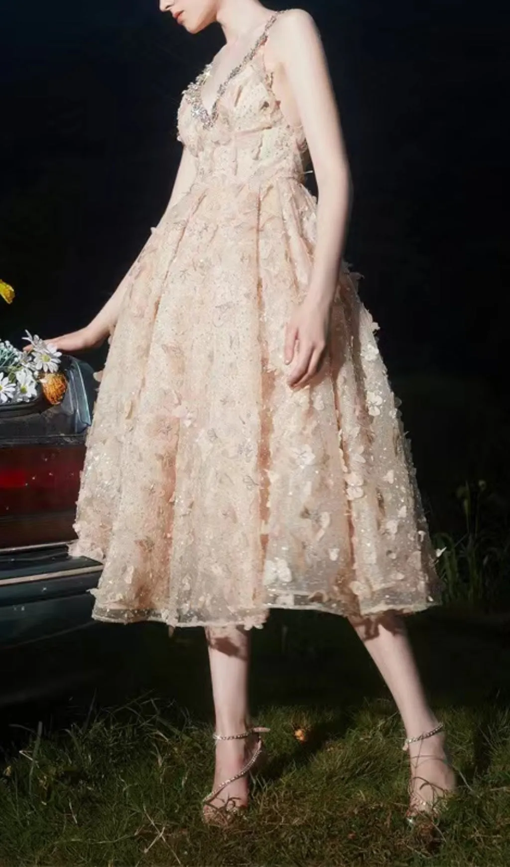 STEREOSCOPIC BUTTERFLY SEQUIN MESH MIDI DRESS IN CHAMPAGNE Gloria Lanvin