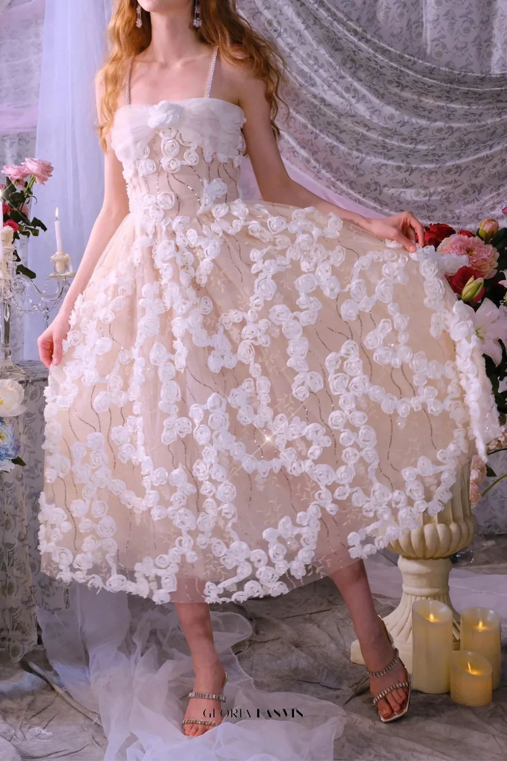Stereoscopic Flower Rhinestone Chain maxi Dress in white Gloria Lanvin