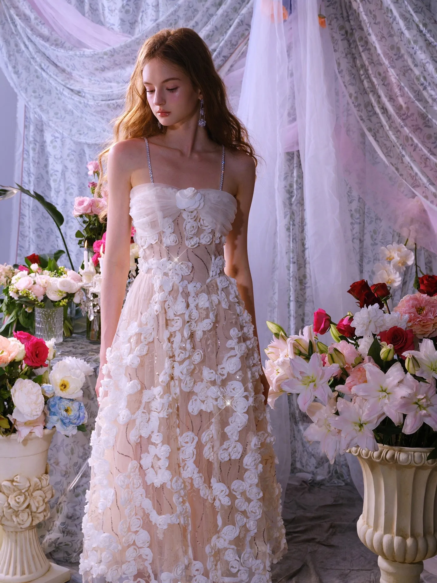 Stereoscopic Flower Rhinestone Chain maxi Dress in white Gloria Lanvin