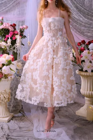 Stereoscopic Flower Rhinestone Chain maxi Dress in white Gloria Lanvin