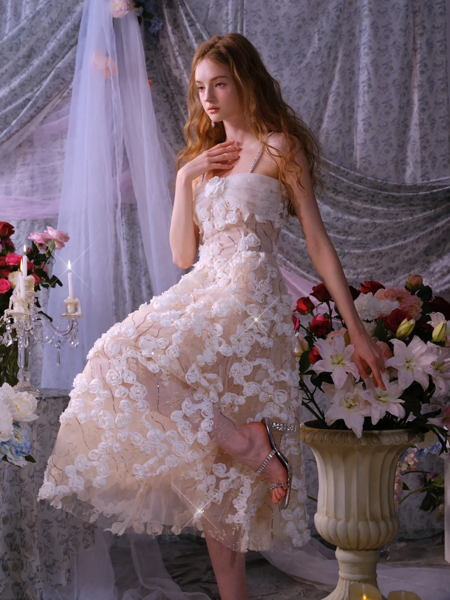 Stereoscopic Flower Rhinestone Chain maxi Dress in white Gloria Lanvin