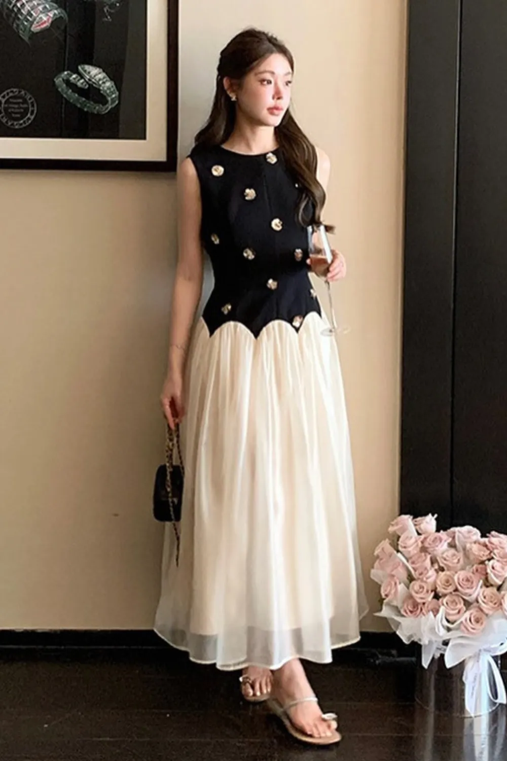 Stereoscopic Flower sleeveless mesh midi dress Gloria Lanvin