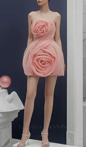 STRAPLESS 3D FLOWER MINI DRESS IN PINK Gloria Lanvin
