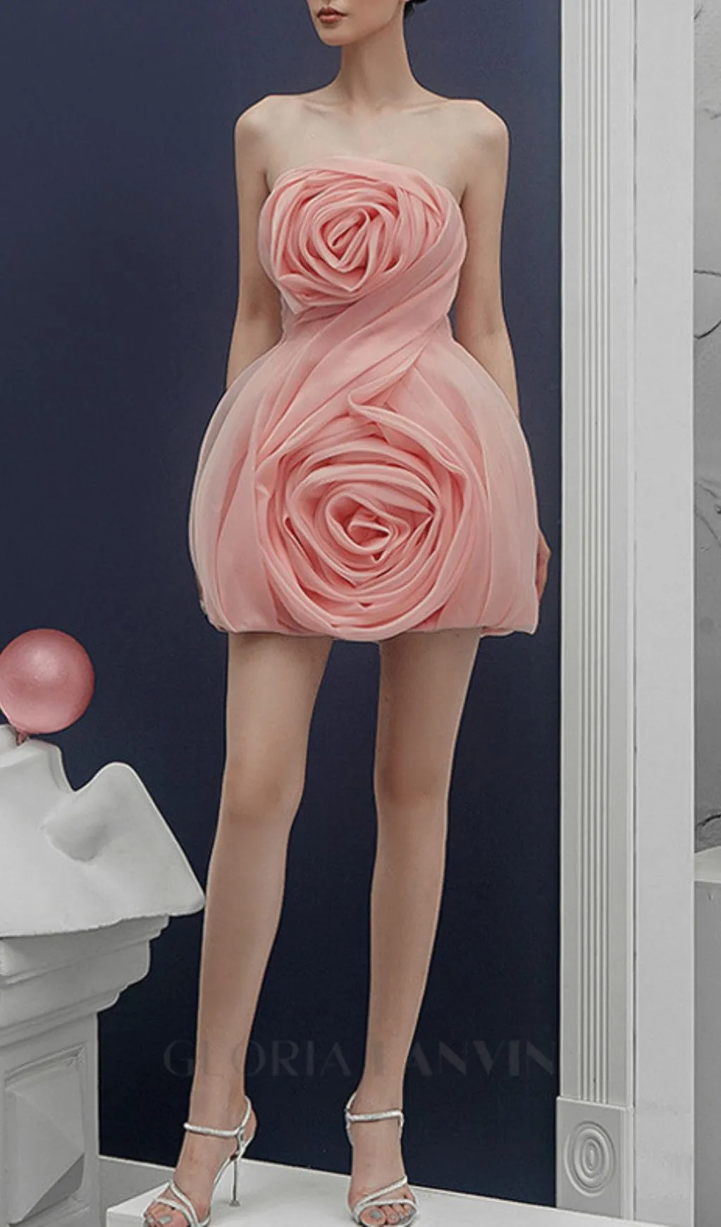 STRAPLESS 3D FLOWER MINI DRESS IN PINK Gloria Lanvin