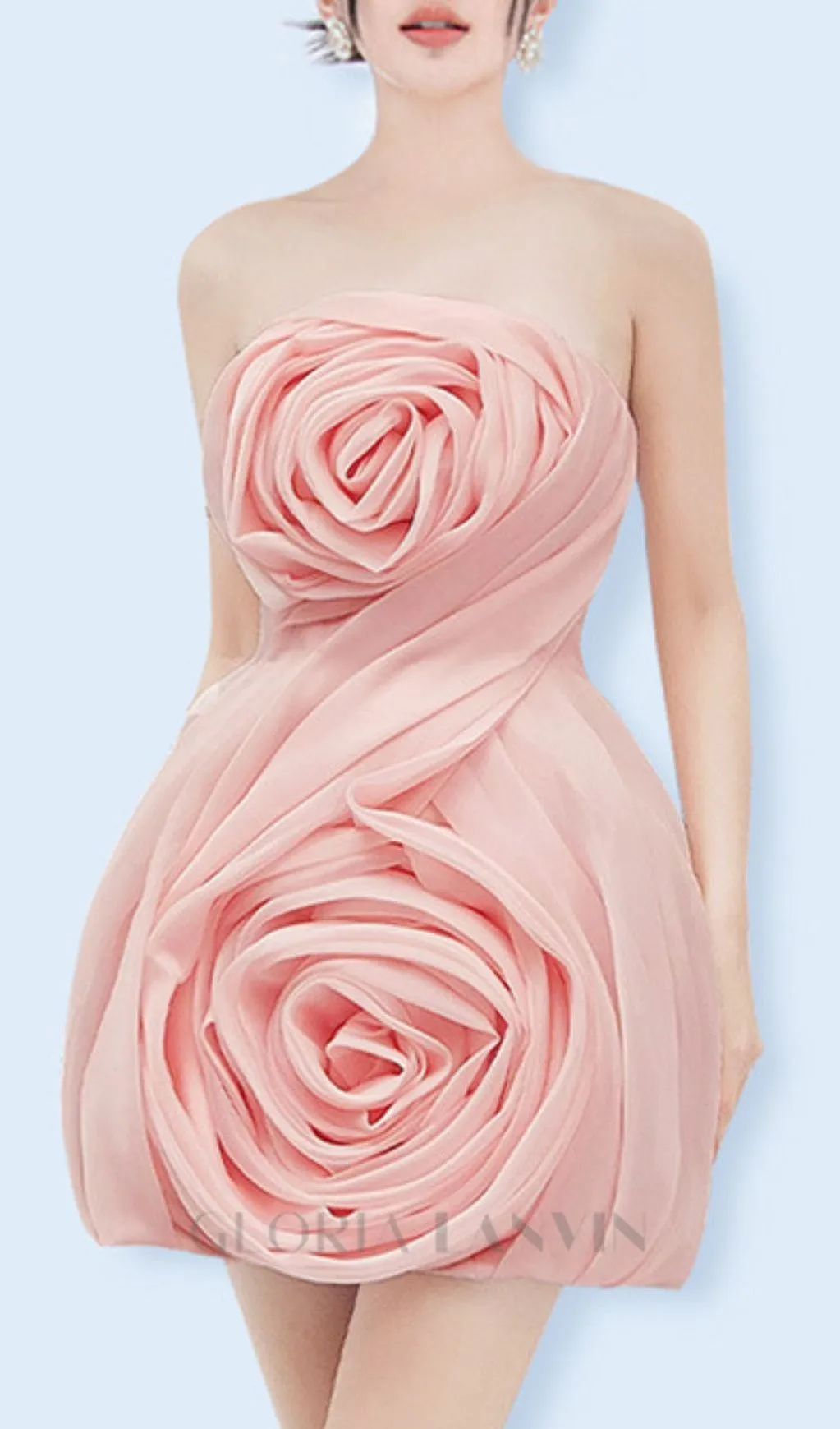 STRAPLESS 3D FLOWER MINI DRESS IN PINK Gloria Lanvin