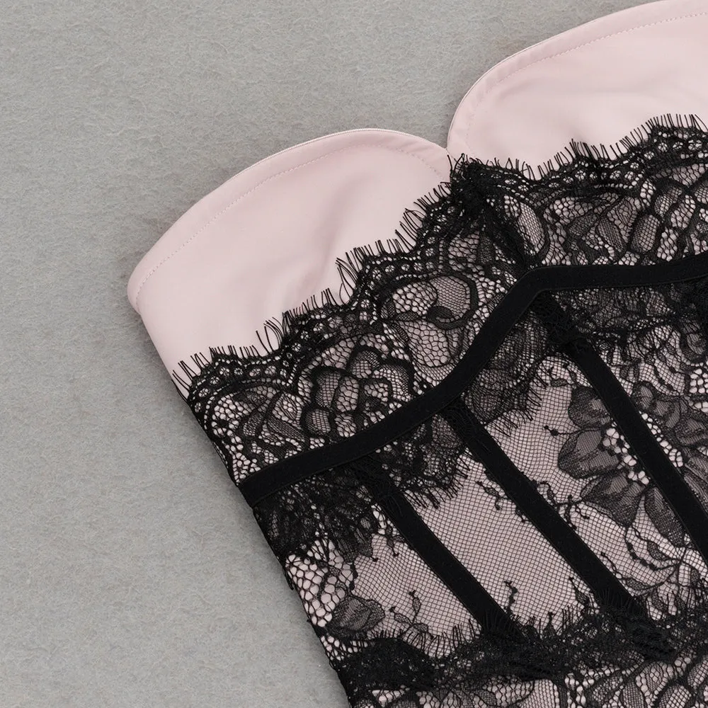 Strapless black Lace Corset Maxi Dress in pink Gloria Lanvin